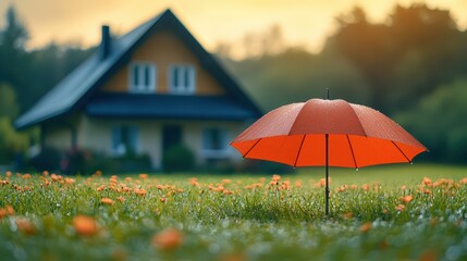 Raindrops glisten on a bright orange umbrella placed in a vibrant flower field. In the background, a charming house stands under a moody, sunset sky filled with clouds