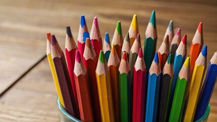 Pencils, Colorful pencils arranged on wooden table background, Aligned Rainbow pencils isolated on bright wooden table blurred background
