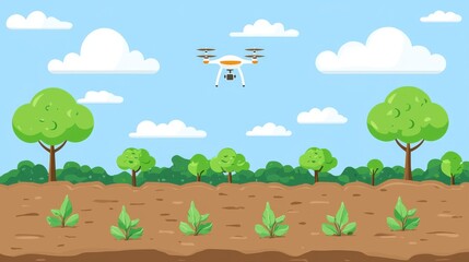 A drone flying over a farm with trees and crops under a blue sky.
