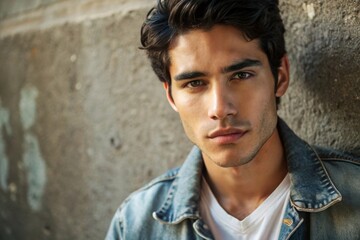 Fototapeta premium Young hispanic man with strong jawline in denim jacket leaning against wall in urban setting for lifestyle photography