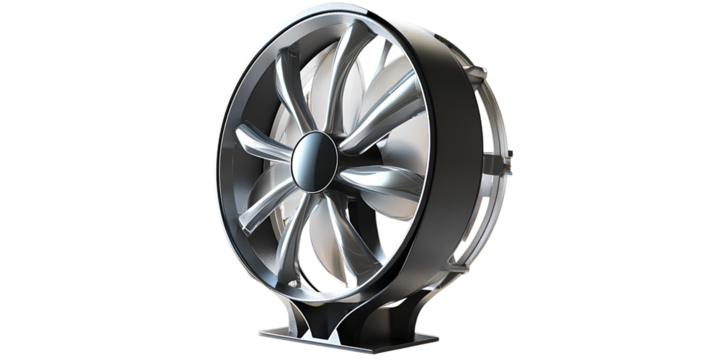  A desktop fan, made of metal, with a product design featuring a transparent background