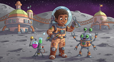 Child astronaut conducting a science experiment on the Moon, cartoonish robot assistant, colorful lunar base with playful rounded architecture
