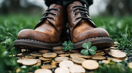 A pair of brown boots standing on a pile of coins and clovers