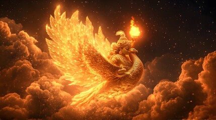 A celestial 3D rendering of Lord Kartikeya on his peacock, with a blazing weapon raised, soaring through the skies.