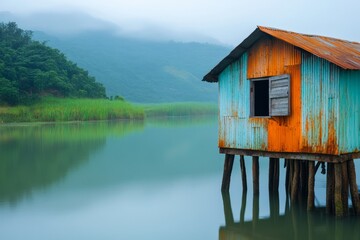 Obraz premium Calm Waters and Rustic Cabin on Stilts Surrounded by Lush Greenery and Foggy Mountains