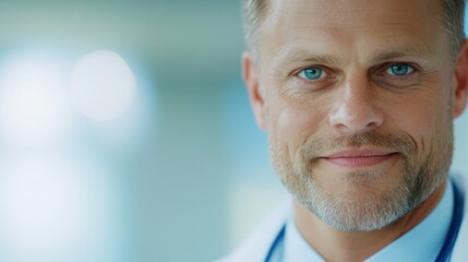 Confident doctor in healthcare setting, middle-aged male with stethoscope, bright environment, promoting trust and care.