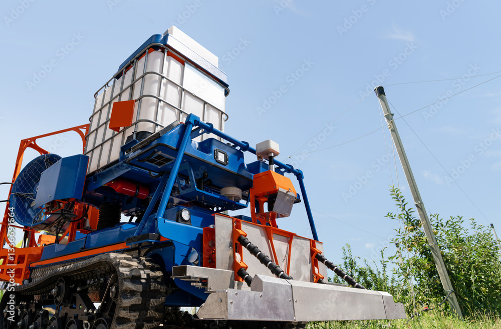 Poster autonomous robot sprayer works in a fruit garden. smart farming concept.