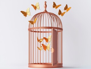 Vintage Birdcage with Open Door Surrounded by Vibrant Butterflies
