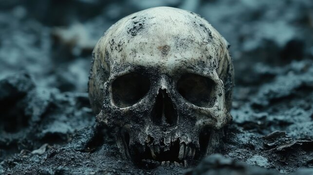 Close-up view of a weathered human skull resting on dark, muddy ground, evoking a sense of mystery