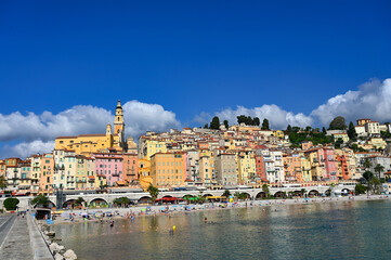 Fototapeta premium Menton city and beach cityscape, french riviera, France