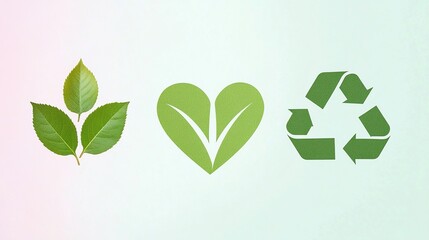 Green Eco-Friendly Symbols Heart Leaf Recycling Triangle Isolated on White Background with Copy Space, 