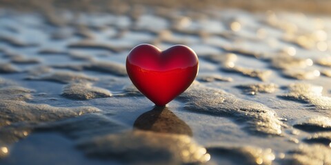 Fototapeta premium A translucent heart-shaped object resting on a textured surface, capturing warm sunset light and evoking love.