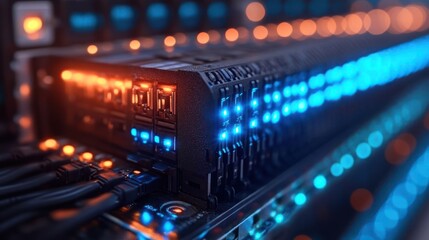 Fototapeta premium Close-up view of illuminated data server components with vibrant LED indicators in a tech environment