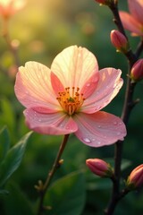Fototapeta premium delicate apricot blossom petals unfurl in morning dew, greenery, spring blossoms, floral background