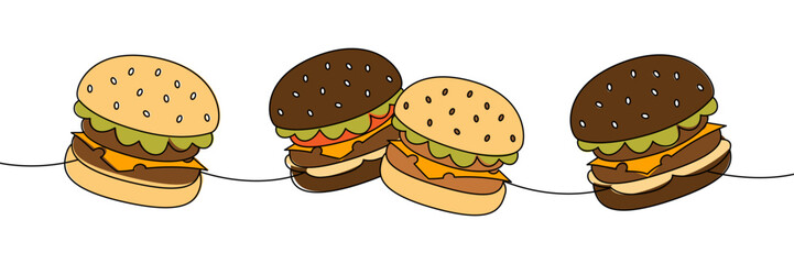 Fresh burger set one line colored continuous drawing. Traditional American fast food. Takeaway snack.