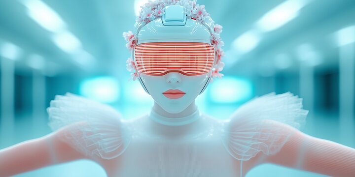 Ballet transcends into the future with a robot ballerina embodying elegance and chaos in a surreal environment