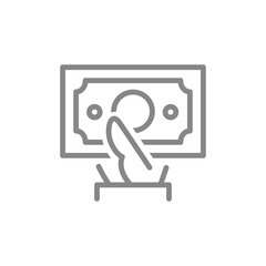 Hand holds money bill line icon. Purchase of goods symbol. Vector illustration.