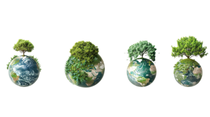 Four planet earth globes showing growing greenery and transparent background