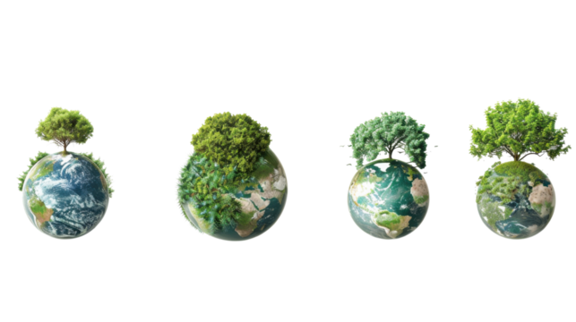 Four planet earth globes showing growing greenery and transparent background