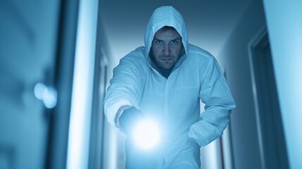 Mysterious figure in hooded attire, dark atmosphere with flashlight illuminating surroundings, suspenseful undertone, crime thriller theme.