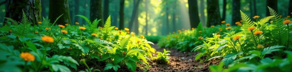 Forest floor covered in ferns and wildflowers, ferns, dense vegetation