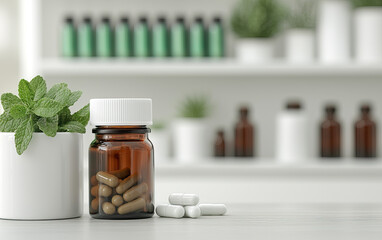 Natural wellness products displayed with herbal capsules, glass jar, and green plants, promoting health and vitality