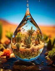 Desert Scene Reflected in the Surface of a Reflective Water Droplet. 