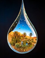 Desert Scene Reflected in the Surface of a Reflective Water Droplet. 