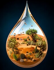 Desert Scene Reflected in the Surface of a Reflective Water Droplet. 