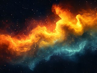 Obraz premium Celestial Symphony: A mesmerizing celestial artwork portrays a nebula, its colors shifting from fiery orange and gold to cool blues, evoking a sense of cosmic wonder and the vastness of the universe.