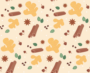 Seamless vector pattern featuring ginger roots, cinnamon sticks, star anise, cloves, and leaves. Perfect for culinary themes or designs with an organic and spice-oriented aesthetic.