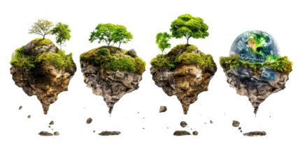 Floating islands transforming into planet earth with transparent background