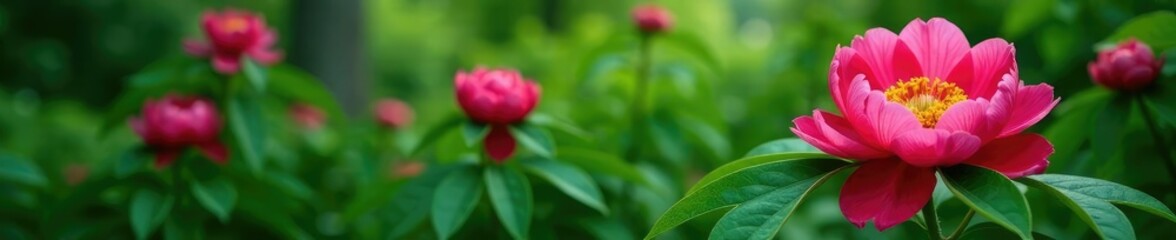 Fototapeta premium Green leaves with peony flowers in background, tree peony, foliage, garden