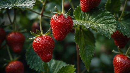 Fresh strawberries on the vine with dewy leaves in a garden setting