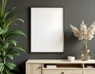 A blank rectangular frame on a wooden cabinet with a dark gray wall, a green plant on the left, and a vase with dry flowers on the right