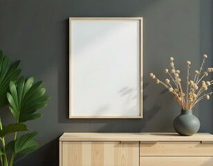 A blank rectangular frame on a wooden cabinet with a dark gray wall, a green plant on the left, and a vase with dry flowers on the right