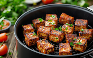 Crispy breaded tofu cubes cooked in air fryer, garnished with fresh herbs, creating delicious and healthy dish