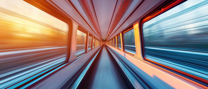 dynamic view inside hyper speed train, showcasing motion blur and vibrant colors as scenery rushes by