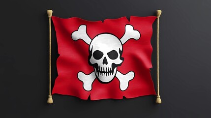 Jolly Roger pirate flag with skull and crossbones, waving in the wind, symbol of maritime adventure and piracy, vintage nautical theme, book illustration style