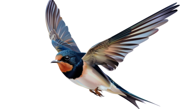 Barn swallow gliding with open wings on transparent background