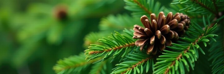 Fototapeta premium Pine cone nestled among lush green fir branches, pinecone, foliage, branch