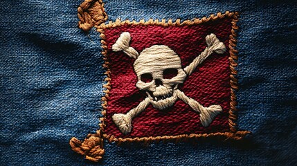 Jolly Roger pirate flag with skull and crossbones, waving in the wind, symbol of maritime adventure and piracy, vintage nautical theme, book illustration style