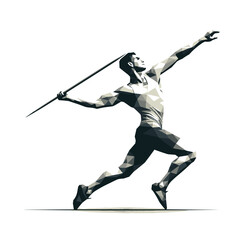 Polygon man exerts javelin against white backdrop.