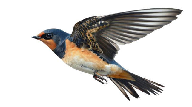 Barn swallow flying with open wings on transparent background