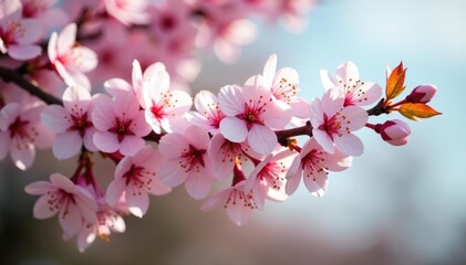 Obraz premium Pink and white flowers blooming in profusion on the branches of a flowering nanking cherry, blossom tree, ornamental tree, flower blooming