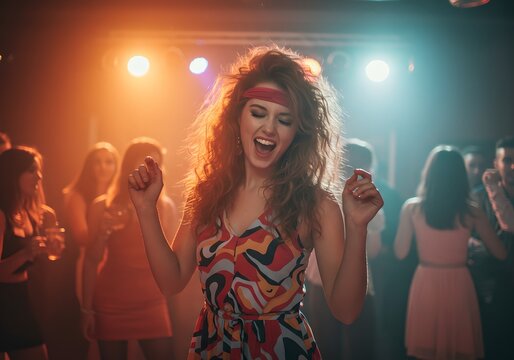 Woman dancing at retro disco party with colorful lights. 1980s style nightclub scene. Vibrant atmosphere with excited crowd enjoying nostalgic music and fashion.