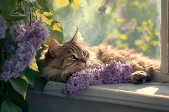 Cat lounging peacefully by a window with blooming lilacs on a sunny day