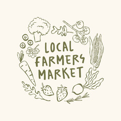 Local Farmers Market. Vector Hand Drawn Illustrative Poster.
