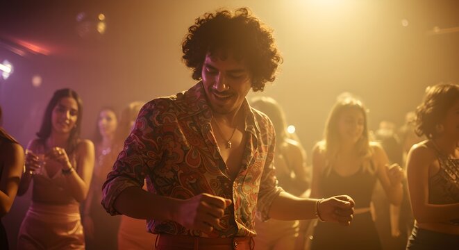 Man dancing at retro disco party with colorful lights. 1970s style nightclub scene. Vintage entertainment and nostalgic fun. Groovy dance floor atmosphere.