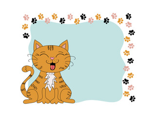 Cartoon funny cat and footprints, paw prints. Frame, border with pet, kitten. Place for text, postcard design, information banner. Funny laughing cat. Vector doodle illustration, isolated background.